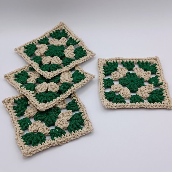 Handcrafted Cotton Coasters - Set of 4 - Hunter green and tan - Picture 3 of 3